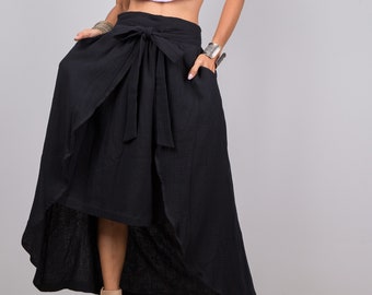 Cotton Wrap Skirt for petite to small women. A cotton gauze summer Skirt. Asymmetrical organic cotton skirt in black. Beach resort skirt.
