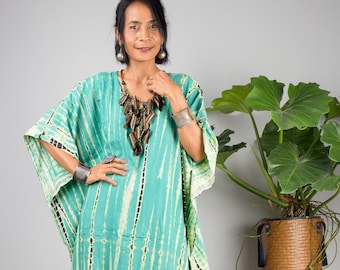 Green Tie Dye Rayon Kaftan, Maxi Dress, Plus Size Loungewear