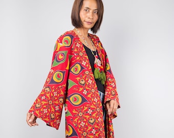 Vest met open voorkant, rood katoenen vest, katoenen duster met mandala-print, vest met wijde mouwen, oosterse omslagdoek, strandkleding