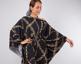 Vestido caftán negro de talla grande con estampado de cadenas, caftán negro largo, vestido caftán negro holgado, vestido Mumu, vestido de casa