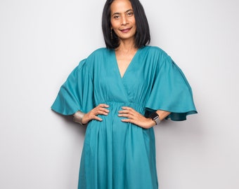 Robe longue turquoise avec poches, longue robe chemisier bleu sarcelle, robe croisée sur le devant, robe d'été, robe de détente