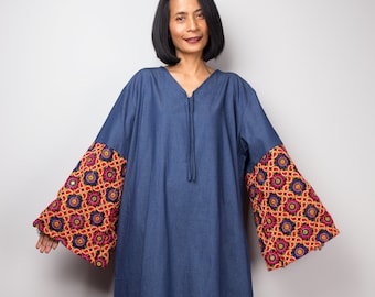 Denim cotton dress with embroidered wide sleeves