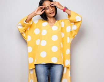 Yellow Boho Kaftan top | Asymmetric dress | Short front Tunic top | beachwear tunic | Polka dot blouse top