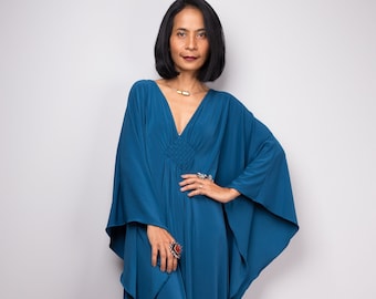 Teal Kaftan Frock Dress with batwing sleeves | Gala photoshoot dress | Evening dress | Holiday resort dress | Kimono maxi dress : FU1S