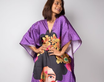 Caftán bohemio para mujer, caftán de satén de seda, vestido maxi caftán morado, vestido con estampado bohemio grande, vestido holgado, vestido largo caftán, vestido de playa
