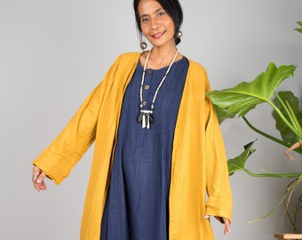 Open front cardigan kimono jacket with pockets, Yellow Cotton duster vest for summer. Lightweight cover up for the house, beach or city trip