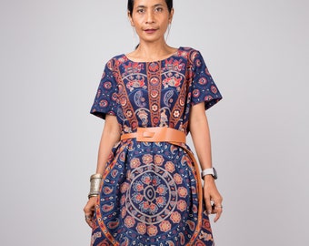 Boho Cotton Midi Dress: Short Sleeve Loose Fit with Pockets