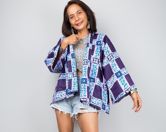 Top kimono Ankara, cardigan corto aperto sul davanti con stampa africana, gilet in cotone, giacca con stampa africana, kimono corto, copricostume, abbigliamento da casa