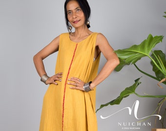Vestidos de algodón sin mangas para mujer, vestido amarillo estilo boho con abertura y borlas, vestido largo de verano holgado, bata informal, vestido camisero