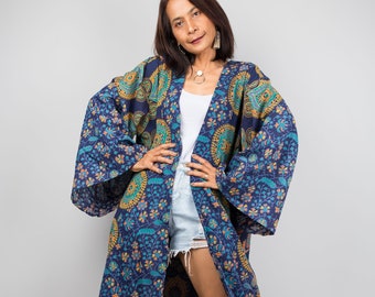 Kimono Boho, Cardigan in cotone, Gilet lungo in cotone, Cardigan a maniche larghe, Mantella avvolgente orientale, Copricostume da spiaggia