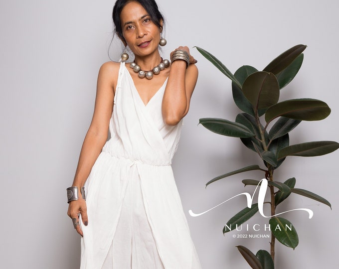 White Cotton Jumpsuit, Boho Jumpsuit With High Split Pants, Loose ...