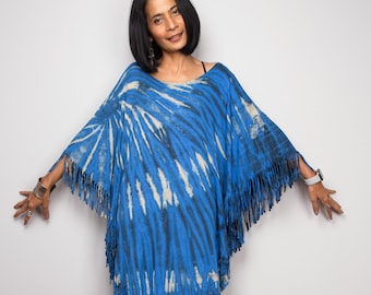 Tie dye top, Hippie poncho top,  A cropped kaftan with fringed hem,  Light sweater poncho or beach cover