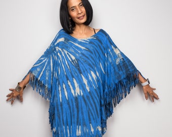 Tie dye top, Hippie poncho top,  A cropped kaftan with fringed hem,  Light sweater poncho or beach cover