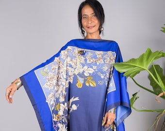 Blue silk satin kaftan for women, Plus Size caftan, Boho Kaftan Maxi Dress, Floral Silk loose fit dress, Long Dress Kaftan, sleepwear dress