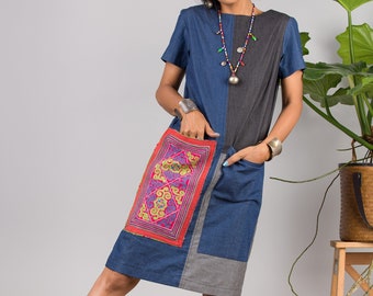 Patchwork midi dress for summer.  Modern ethnic denim dress made from vintage hill tribe fabric. Short sleeve boho chic dress with pockets