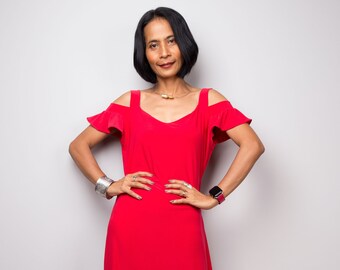 Red Halter Maxi Dress | Cold Shoulder Evening Gown