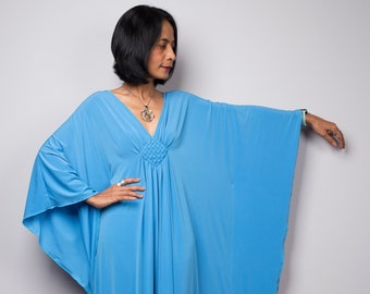 Light Blue Kaftan Maxi Dress: Plunging Neckline Gala Evening Gown