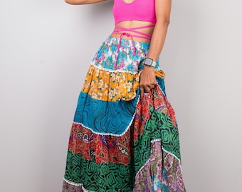 Patchwork Skirt, Tiered Maxi skirt : Boho Patchwork Collection No.1