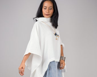 Doppel-Gaze-Kleid, weißes Baumwollkleid, High-Low-Kleid, weißes Poncho-Kleid, Baumwoll-Gaze-Kleid, weißes Kaftan-Top-Kleid, Rollkragen-Kleid