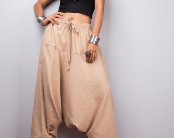 Beige harem pants | Unisex cotton pants | Loose fit light brown trousers | Summer festival pants