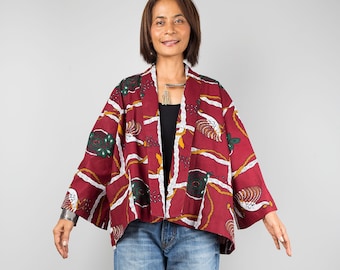 Giacca kimono in cotone, cardigan corto aperto sul davanti con tasche, gilet in tessuto ankara, giacca estiva bordeaux, top kimono corto,