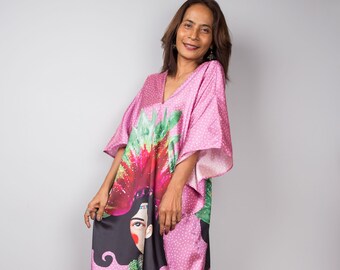 Beach dress for women, Pink caftan, Boho Kaftan Maxi Dress, Big boho print dress, loose fit dress, Long Dress Kaftan, Short front dress