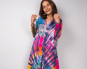 Tie dye maxi dress with hood, Tie dye Dress with long sleeves, Hooded dress, Women's Duster dress, Hippie dress, shirt dress, Tye dye dress