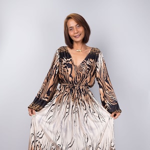 Long sleeve boho maxi dress, Bohemian floor length dress, Elegant evening frock dress, animal print dress : FU22P