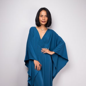 Teal Kaftan Frock Dress with batwing sleeves | Gala photoshoot dress | Evening dress | Holiday resort dress | Kimono maxi dress : FU1S