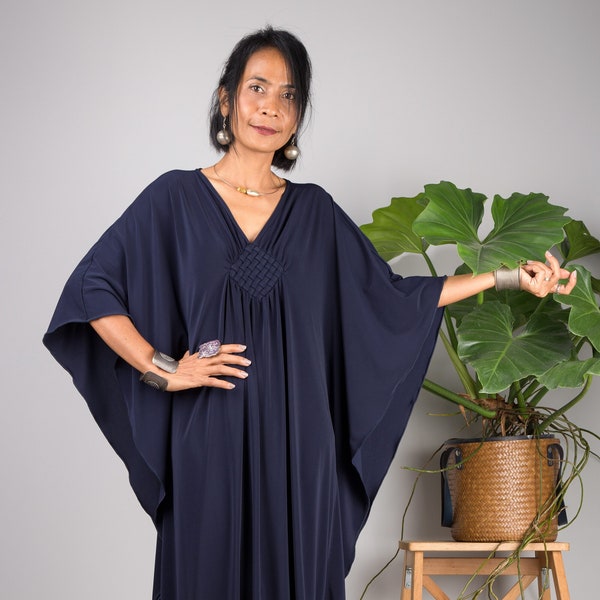 Navy Blue Kaftan maxi dress, Blue Caftan dress for women, long sleeve gown dress, Blue maxi dress with plunging neckline, Plus size Dress