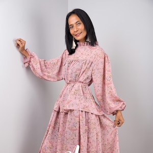 Pink Chiffon dress, Floral maxi dress,  Tiered Dress with Long Sleeves ,A Modest Gown dress with ruffles at sleeves