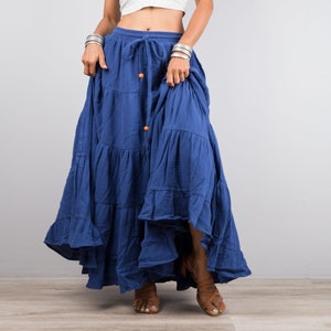 Tiered Maxi Skirt, Blue cotton skirt with pocket, Mamma mia skirt, double cotton gauze skirt, flexible waistband and drawstring skirt