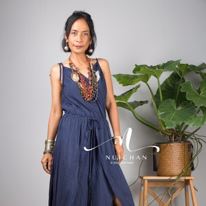 Blauer Overall aus Baumwoll-Musselin, Boho High Split Sommerkleid