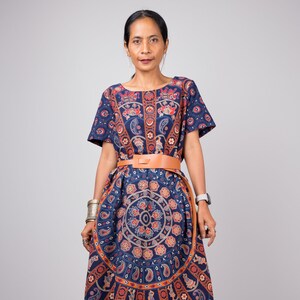 Boho Cotton Midi Dress: Short Sleeve Loose Fit with Pockets