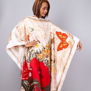 Silk satin kaftan for women, Plus Size caftan, Boho Resort Maxi Dress, Tropical Floral loose fit dress, Long Dress Kaftan, sleepwear dress