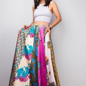 Patchwork Maxi Skirt, Bohemian Cotton Skirt, Boho Maxi, Festival Skirt, Adjustable Tie Waist, Multicoloured Skirt, Skirt with pockets