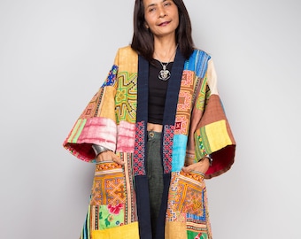 Patchwork Mantel, Patchwork Kimono, Offene vordere Strickjacke, Vintage Hill Tribe Stoff, ethnische Mode Frauen, Mantel in vielen Farben