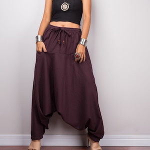 Harem pants | Unisex cotton pants | Loose fit burgundy trousers | Summer festival pants