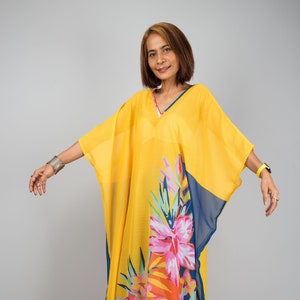 Yellow chiffon beach dress, sheer kaftan with big floral print, Boho summer maxi dress perfect swimsuit cover up, yellow sun dress