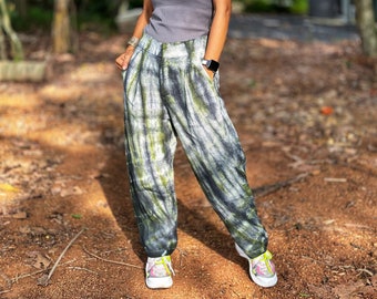 Green pants, tie dye pants, handwoven hemp trousers, handmade pants made from Hill tribe hemp fabric. Green trousers with zipper and pockets