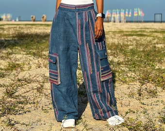 Blue cargo hemp pants, handwoven hemp trousers,blue loose fit pants made from hill tribe fabric. Upcycled pants with zipper & bellow pockets
