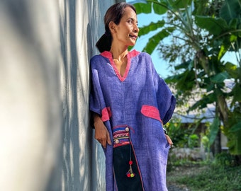 Purple kaftan dress, handwoven hemp caftan, purple dress with pink and original hill tribe embroidery .  Loose fit dress with pockets