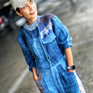 Matching indigo hemp top and pants set, hemp trouser set and blouse top.  Blue blouse matching pants. Handwoven hemp fabric with shibori