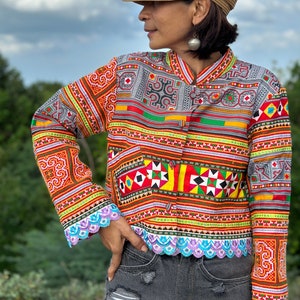 Boho crop jacket cropped jacket with vintage hill tribe fabric Hmong top image 1