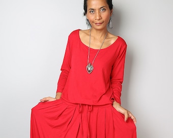 Red Dress with Long Sleeves and pockets,  Women&#39;s maxi dress with pleated skirt and drawstring at waist, Minimalist holiday dress
