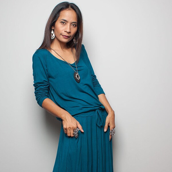 Large Teal Long Sleeve Maxi Dress | Oversized Holiday Blouson Dress with Pockets : AUT1P