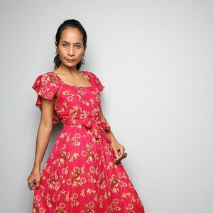 Pink cotton dress, Women&#39;s Summer Dress, Paisley Dress, Cap sleeve dress, High waist dress,boho dress, pink color dress, dress for her