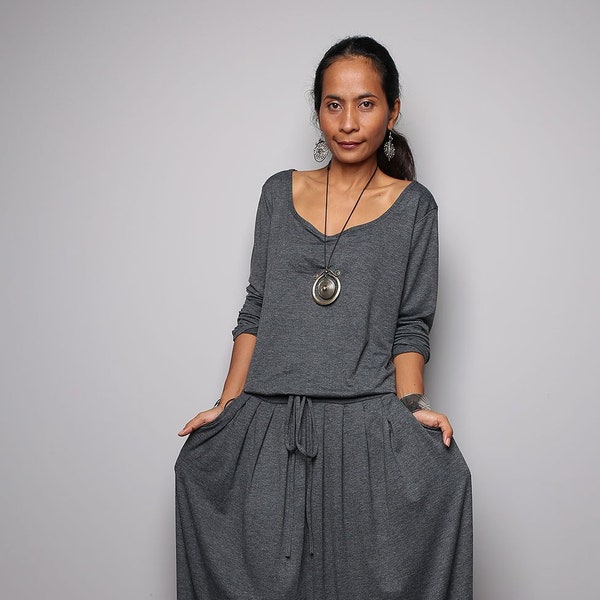 Gray Plus Size Maxi Dress with pockets | Long Sleeve Top Grey dress : AUT1P