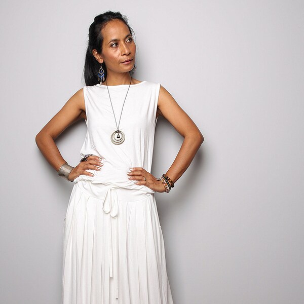 Sleeveless Off White Maxi Dress, Handmade dress with pockets, Summer Holiday dress