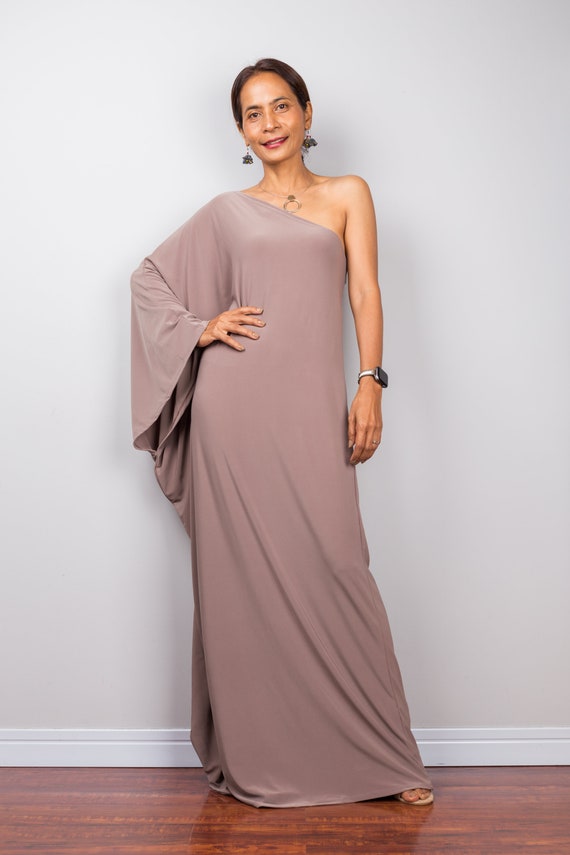 One Shoulder Dress in Taupe, Long Taupe Kaftan Dress, off